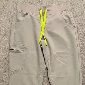 Figs Women's Light Taupe Track Joggers with Neon Yellow Drawstring